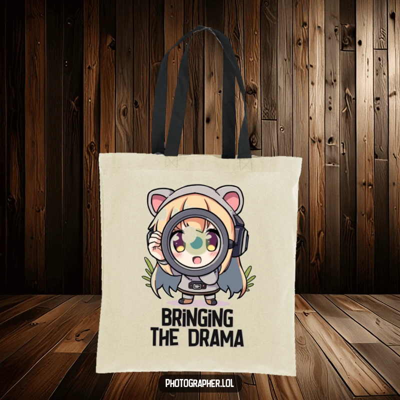 Funny tote bag with a character zooming in with a comically exaggerated lens, ideal for camera gear.