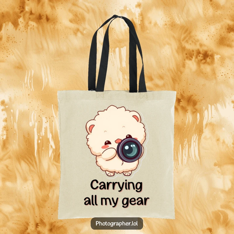 Funny fluffy photographer tote bag, stylish accessory with a cheerful character snapping a camera, lens cap flying.