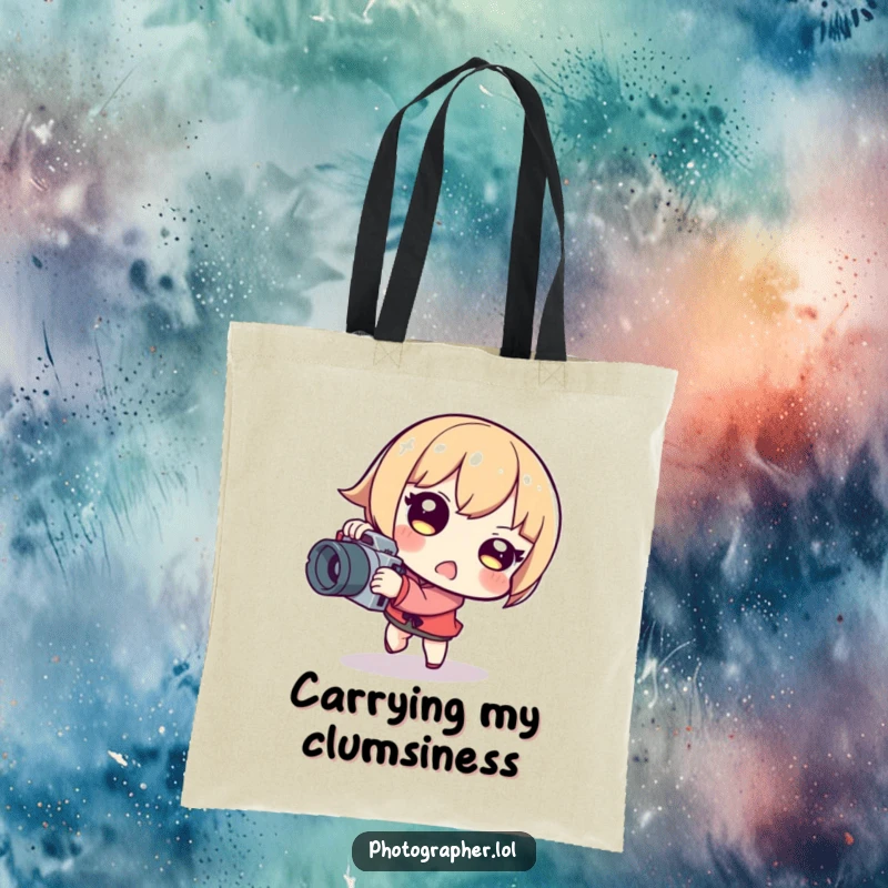 Funny tripping photographer tote bag with a character stumbling while holding a camera, a humorous and practical accessory.
