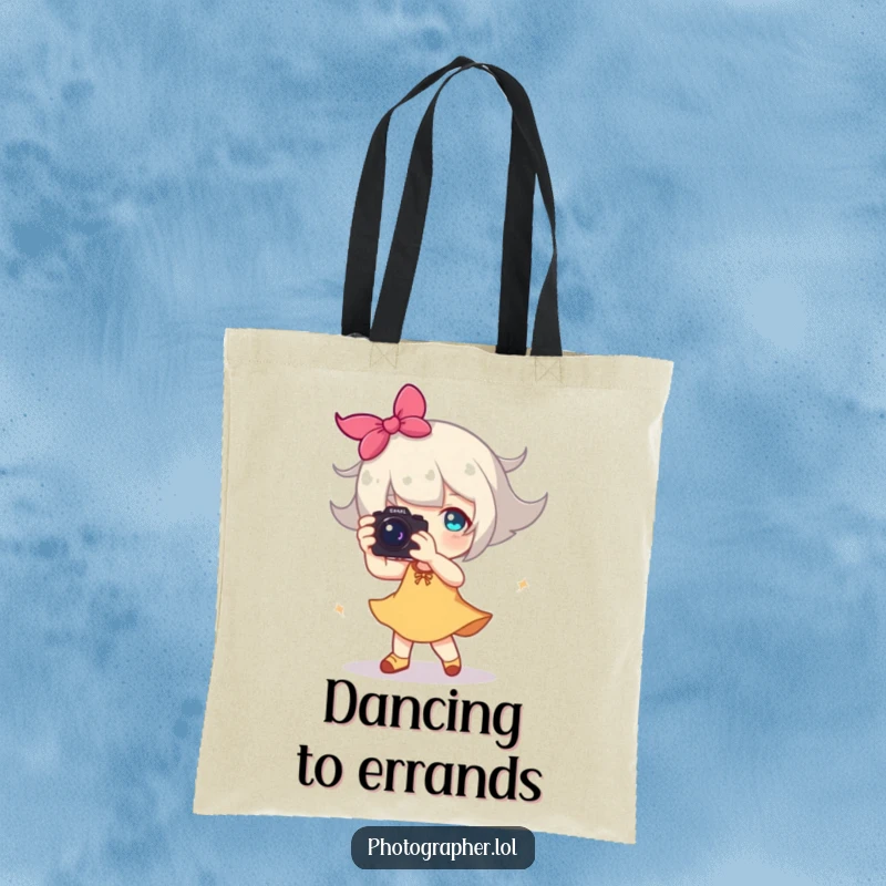 Funny tote bag with a character joyfully dancing with a camera, a happy blur of motion, a humorous accessory.