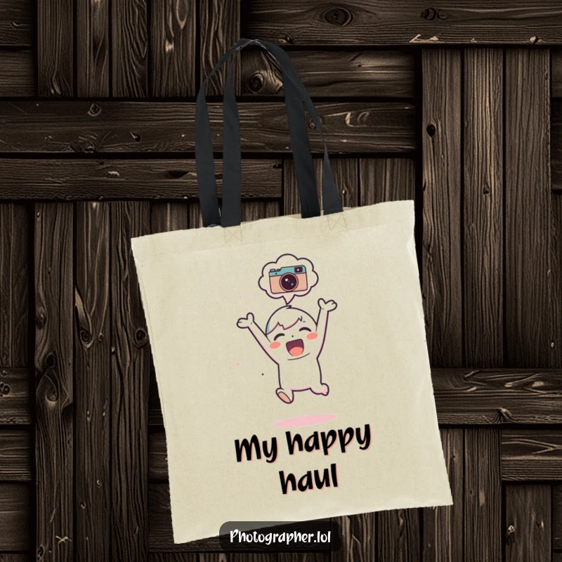Funny Tote Bag: An adorable subject is shown jumping for joy, a camera icon above in their thought bubble.