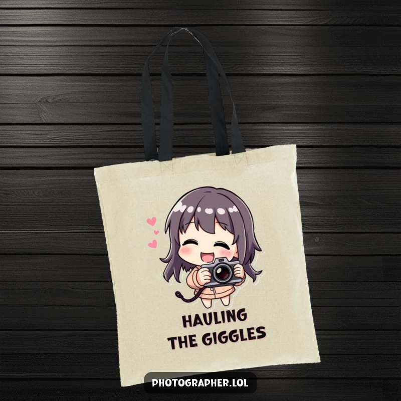Funny tote bag with a character laughing and playfully tilting a camera, great for photographers on the go.