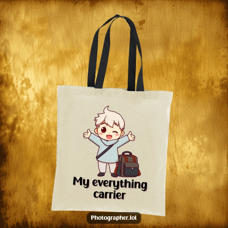Funny tote bag featuring a character striking a dramatic pose with arms outstretched beside a camera bag, a humorous accessory.