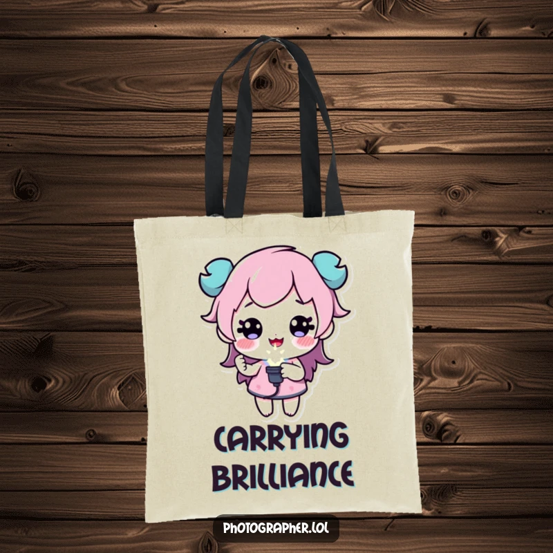 Funny tote bag with a character holding a sparkling flash bulb, perfect for carrying creative supplies, a great funny gift.