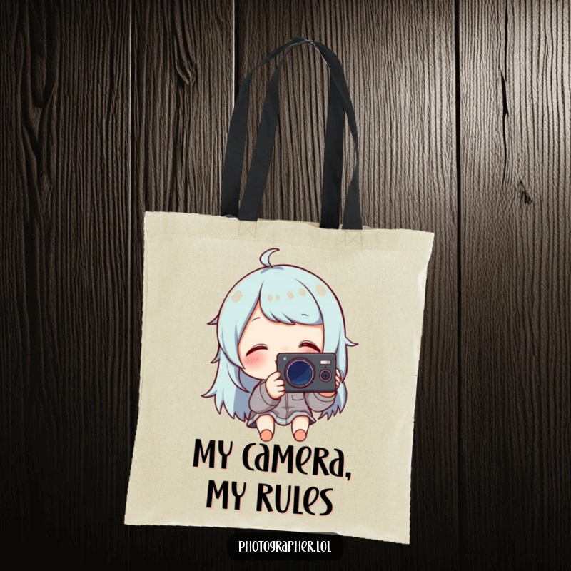 Funny tote bag depicting a character giggling while looking at their camera screen, a perfect gift for photographers.
