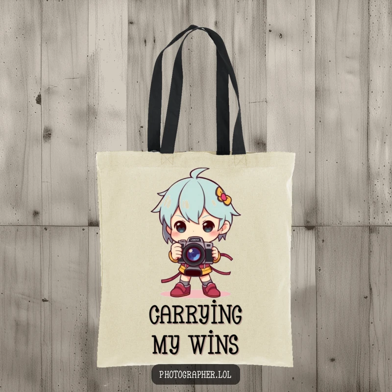 Funny tote bag illustrating a character in a dramatic pose, holding a camera as a trophy, great for carrying items.