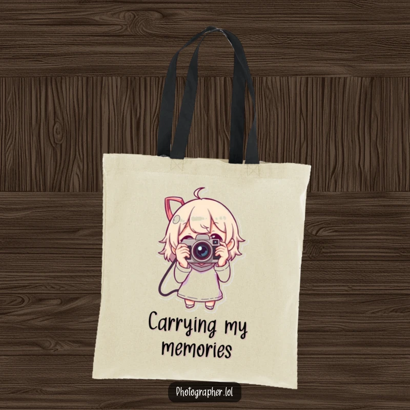 Funny tote bag with a character joyfully operating a vintage camera, perfect for carrying essentials and showing photography love.