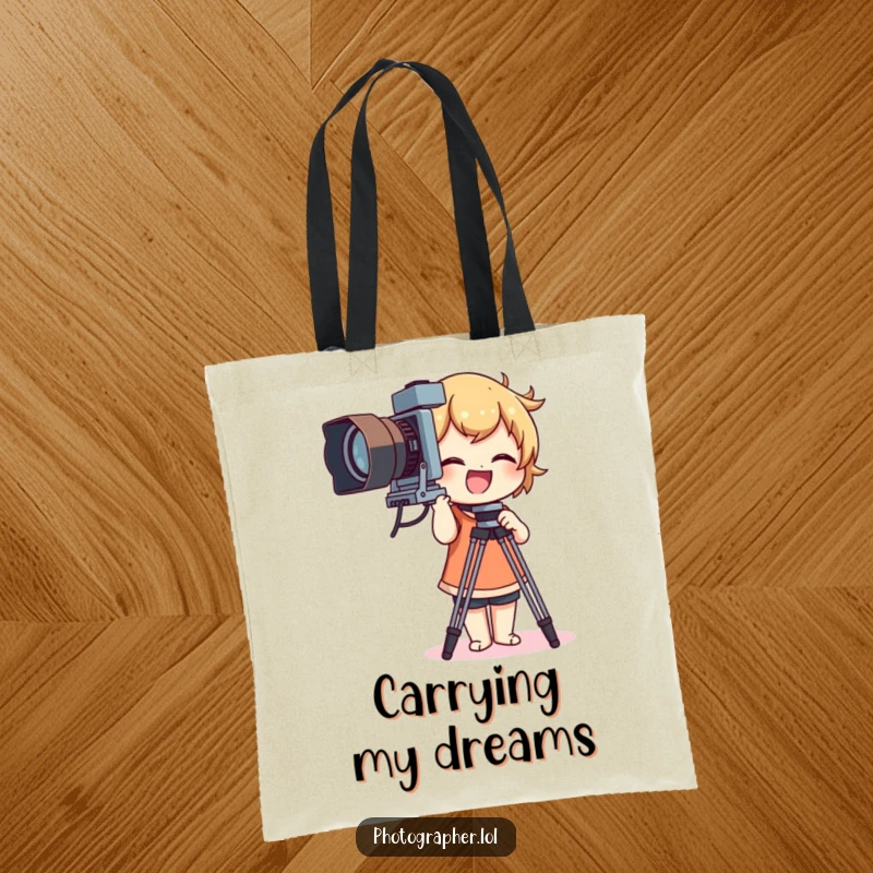 Funny tote bag with a character giggling while adjusting a large vintage camera tripod, a humorous photography accessory.