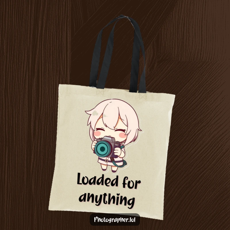 Funny tote bag with a winking character smiling while adjusting a camera strap, great for photographers on the move.