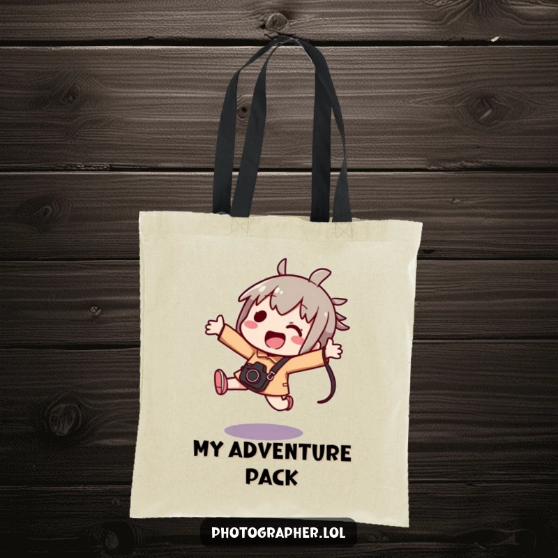 Funny kawaii tote bag featuring an excited character jumping with a camera bag, perfect for carrying photography essentials.