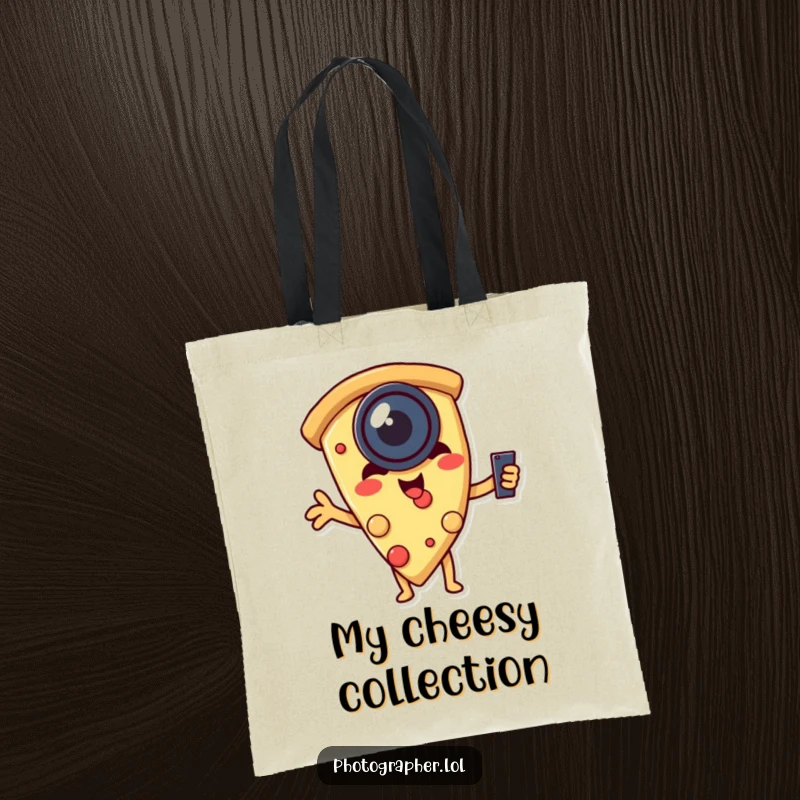 Funny tote bag showing a pizza slice wearing a lens and taking a selfie, a humorous and practical accessory for food lovers.
