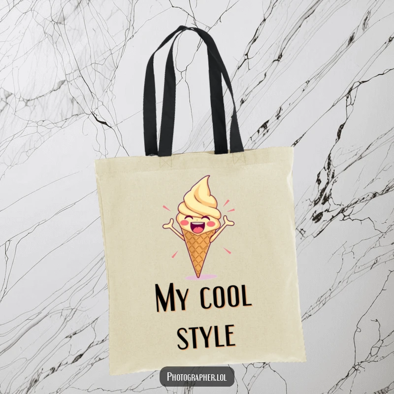 Funny tote bag showing an enthusiastic ice cream cone striking a dramatic pose, a humorous and practical accessory for dessert lovers.