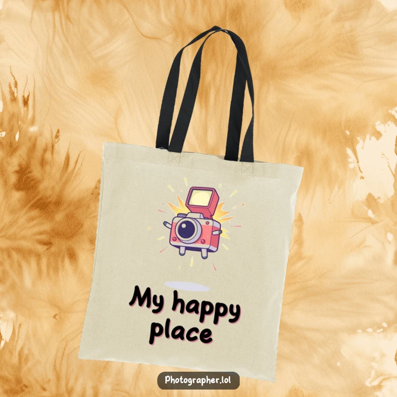 Funny tote bag illustrating a happy icon jumping with excitement, a camera flash bursting, symbolizing the thrill of photography.