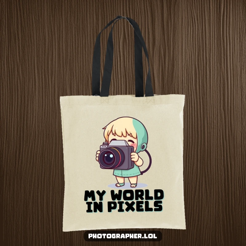 Funny tote bag illustrating a small character happily taking a photo with a large, vintage camera, great for carrying items.